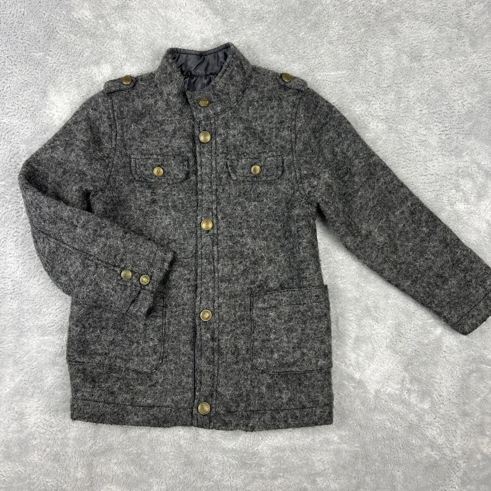 MAYORAL Gray Wool Blend Military‎ Look Button Zip Pea Coat Jacket Boys 7